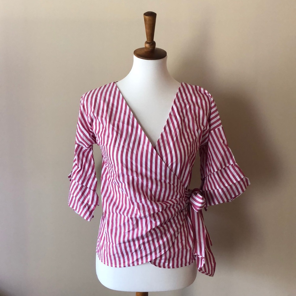 Pink and white striped wrap ruffle sleeve top
